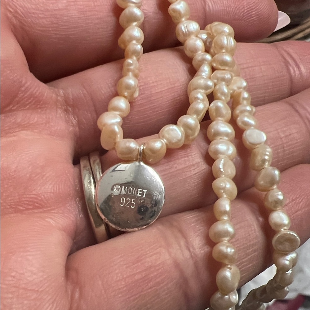 Monet Ivory Pearl Necklace with Silver Charm
